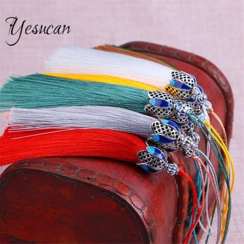 Yesucan 2pcs 18cm Antique Blue Crown Caps Silk Tassels Earrings Charms Pendant Satin Tassels DIY Necklaces Handmade Accessories