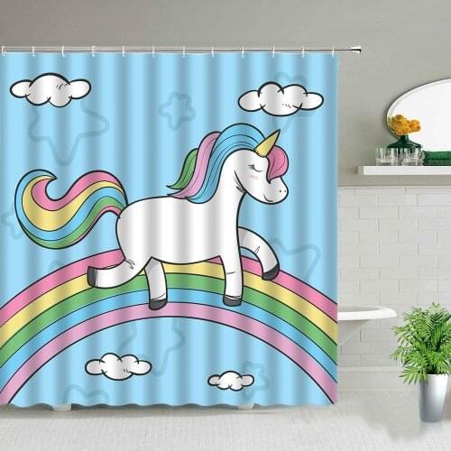 Cute Blue Unicorn 3D Print Nordic Style Shower Curtain with Hook Home Decoration Bathroom Waterproof Customized Polyester