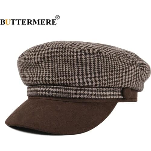 BUTTERMERE Women Hats Plaid Sailor Hat Vintage Army Cap 2021 New Autumn Winter High Quality Casual Ladies Military Hat