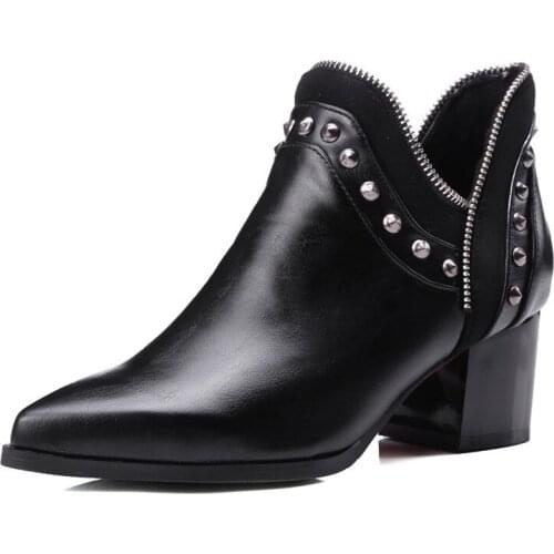 Women Boots Square High Heels Rivets and Zipper Women Ankle Boots Bota Feminina Pointed Toe Shoes Woman Plus Size 34-43 XKD2044