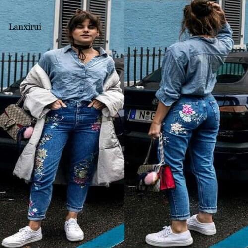 Womens Jeans 3D Embroidered Bird Flower Front And Back Embroidery High Waist Straight Jeans Bottoms Denim Skinny Jeans Women