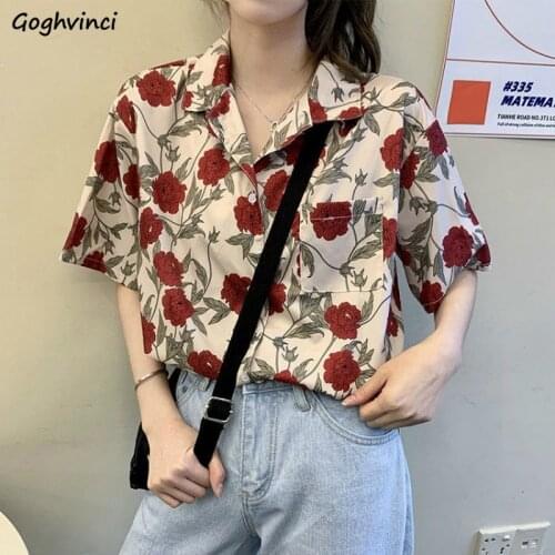 Blouses Women Shirts Short Sleeve Summer Sum-proof Harajuku Rose Print Vintage Retro Korean Style Loose Teens Streetwear Chic