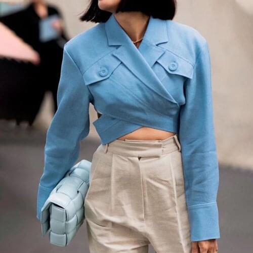 Chic Solid Sexy Criss-Cross Crop Blazers for Women Long Sleeve Hollow Out Backless Silm All-match Coats 2021 Spring New Tops