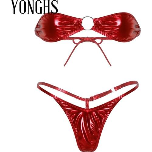 Womens Exotic Bikini Lingerie Set Shiny Metallic Strapless Tie Back Bra Top with Thong G-String Briefs Micro Mini Bikini Set