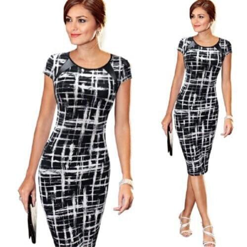 Summer Dresses HOT Summer Elegant Women Short Sleeve O-Neck Slim Print Dress Casual High Waist Skinny Pencil Dress