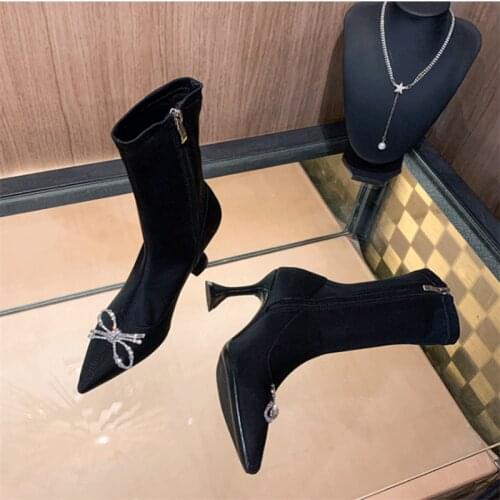 2021 Fashion Ankle Boots Pointed Toe High Thin Heels Women Sock Female Boots Butterfly Knot Stretch Boots Женские сапоги