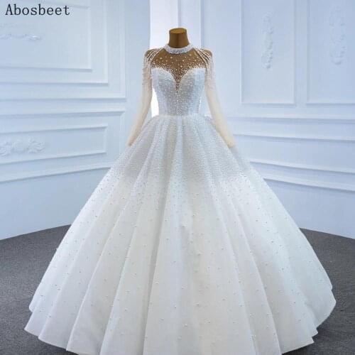 2021 Heavy Beading Pearls Ball Gown Wedidng Dress Long Sleeve White Bridal Gown High Neck Wedding Wear Lace Up Back New