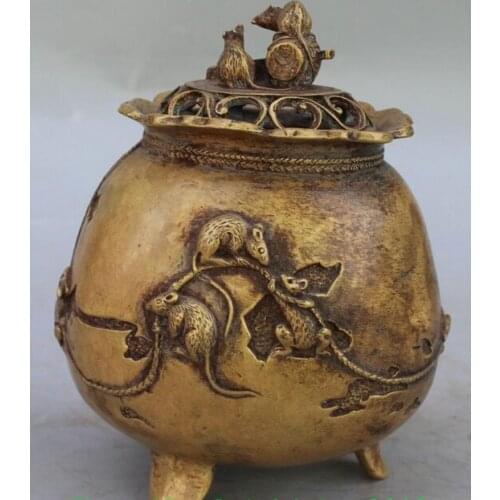 6" Marked Chinese Pure Bronze Auspicious Mouse rat incense Burner Censer Statue S0708 B0403
