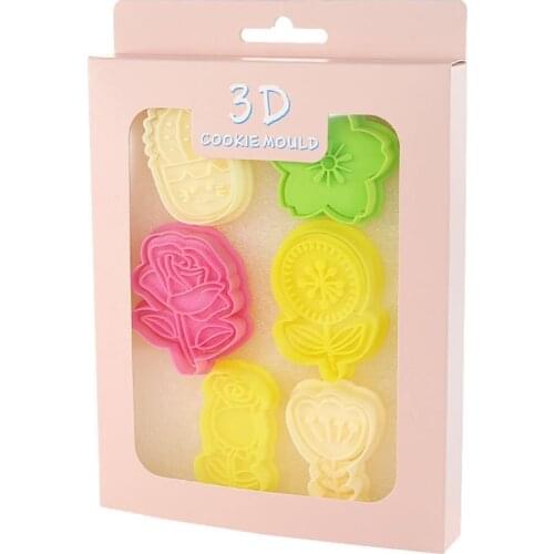 6pcs 3D Rose Flower Cookie Cutters Pressable Biscuit Mold Stamped Embossed Pastry Plunger Fondant Decorating Tools