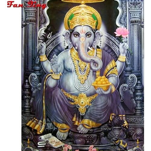 Ganesha Diamond Painting Full Square Round Rhinestones Indian religious portrait diamond Embroidery Elephant Trunk God of Wealth