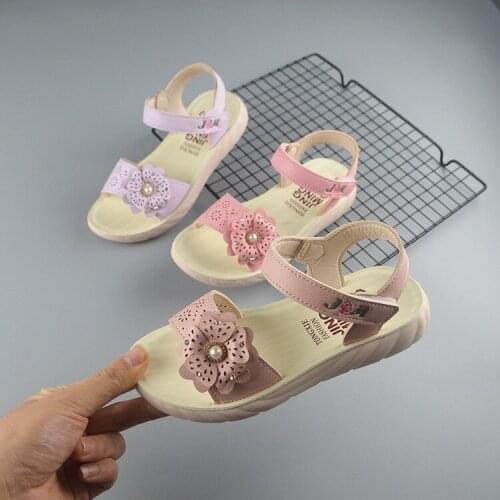Childrens Shoes Polyurethane Bottom Microfiber Girls Sandals Children Princess Shoes Beach Shoes Wear-Resistant Flower Pearl