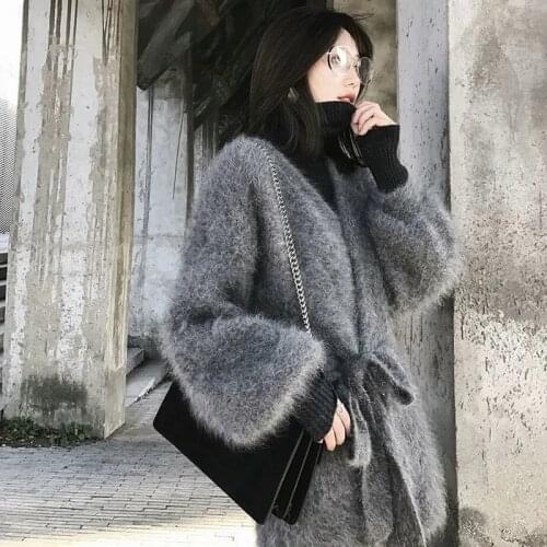 Long Women Solid Waistband Cardigan Causal Mink Fur Knitted Jacket Oversize