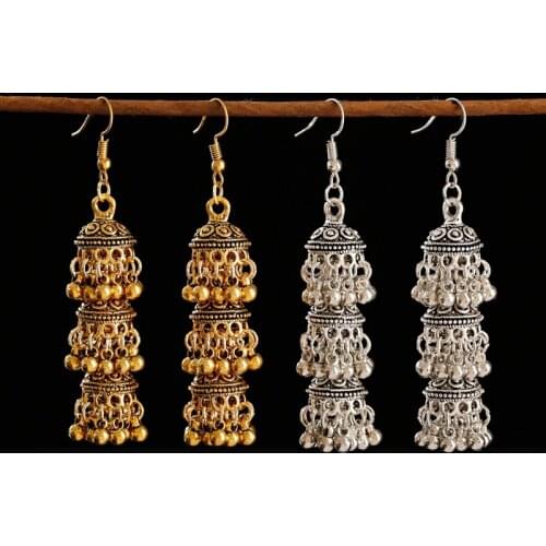 Egypt Vintage Silver Color Jumka Bells Earrings Boho Beads Tassel Statement Earrings For Women Turkish Tribal Gypsy Party