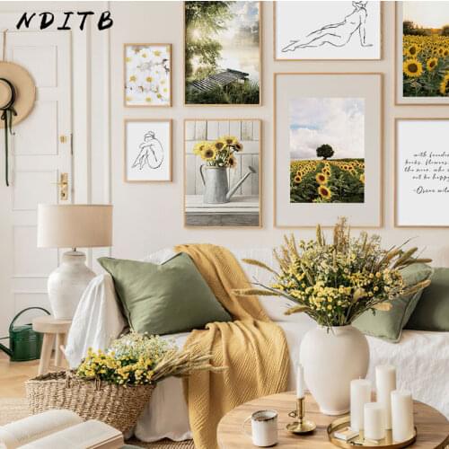 Scandinavian Morning Sunrise Poster Sunflower Nature Landscape Painting Canvas Art Print Nordic Wall Picture Modern Room Decor