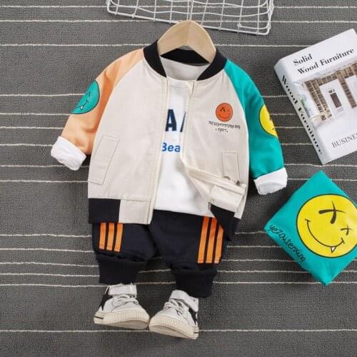 2021 Boys Clothes Spring Autumn Fashion Suit 3pieces Set Baby Girl Clothes Smiling Face Printed Jacket + T-shirt + Pants
