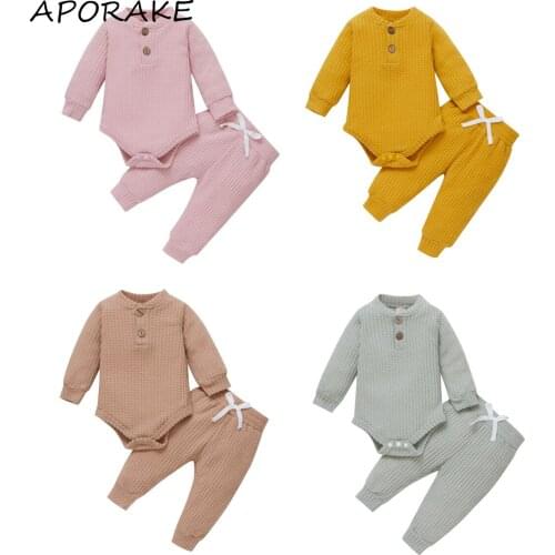 2021 0-18M Casua Infant Boy Girl Clothes Set Solid Color Button Long Sleeve Romper+Bow Pants Spring Autumn Outfits 2pcs