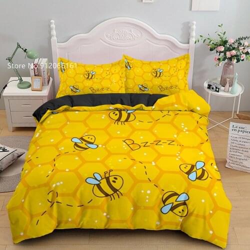 Yellow Bee Bedding Set 3D Print Honey Bee Cartoon Duvet Cover For Kids Children Bedspread King Queen Single Bed Quilt Cover