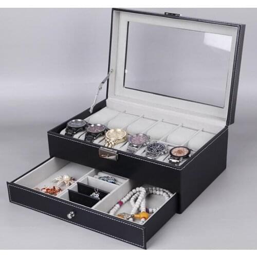 12 Grids Single/Double Layer Watch Box PU Leather Watch Case Boxes Organizer With Word Lock for Women Men Watch Best Gift
