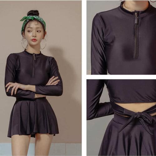 Swimsuit Women Split Skirt Korean Long-Sleeved top Sunscreen Back Hollow Straps Bow Knots Thin Conservative Hot Spring Swimwear