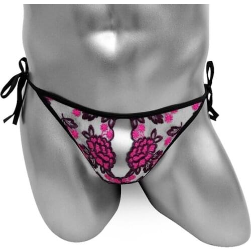 Embroidery Mens Thong Underwear With Open Front Penis Hole Sexy Lingerie for Sissy Bikini Panties Funny Fashion Male G Strings