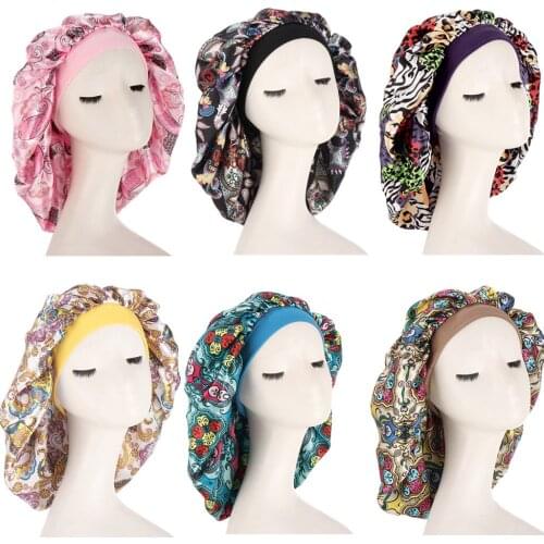 New Style Ladies European And American Satin Night Cap Ethnic Style Printing Beauty Salon Hair Care Cap Silk Bonnet