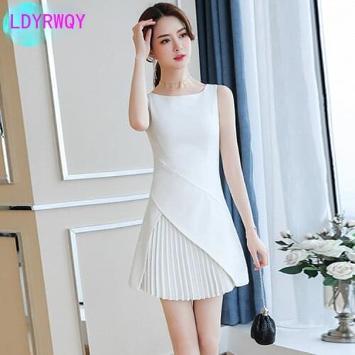 2021 summer new classic French slim pleated white dress V-Neck Natural Tank Knee-Length Sleeveless Zippers