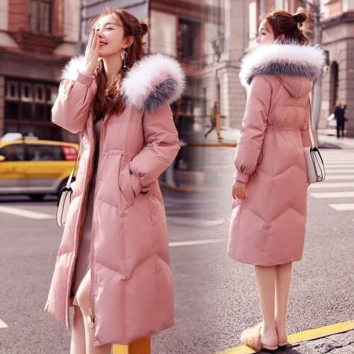 Down cotton padded womens middle long winter clothes Korean version big wool collar over knee loose cotton coat trend