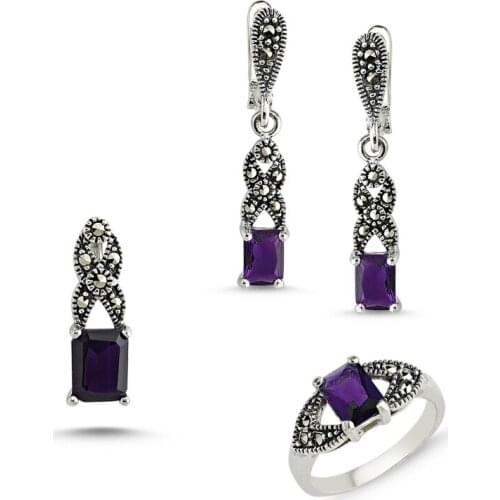Silver 925 Sterling Marcasite Pendant Earring & Ring Set
