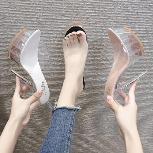 Slippers Womens Super High Heel Waterproof Platform Sexy Fine Heel Fish Mouth Transparent Sandals 2020 Summer New Woman Shoes