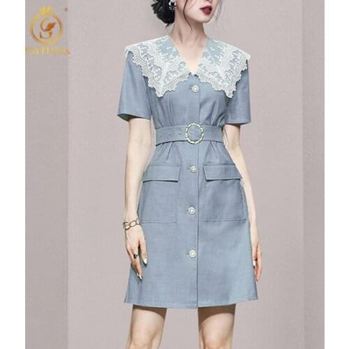 SMTHMA Lace Patchwork Turndown Collar Dress New Womens High End Brand Summer Fashion Blue Dress With Belt