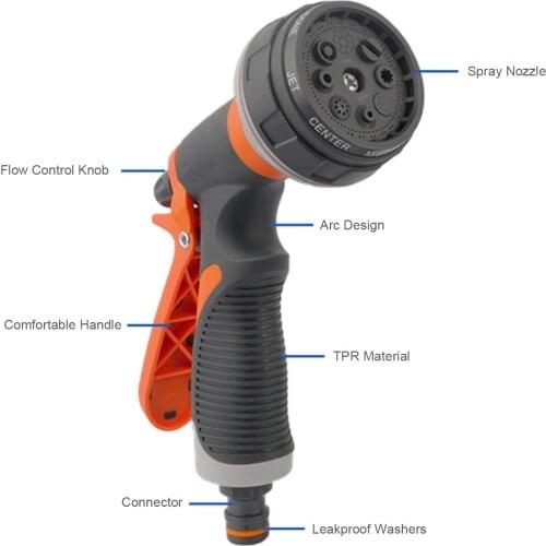 Garden Hose Nozzle Spray Nozzle Gun with 8Adjustable Watering Pattern Anti-Slip High Pressure Water Nozzle for Watering Cleaning