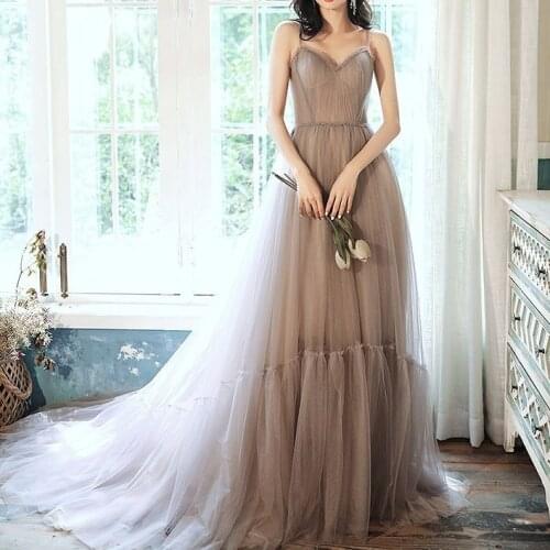 Modern Purple Gray Prom Dresses Spaghetti Straps A Line Tulle Tea Length Backless Bandage Formal Party Evening Gown Romantic New