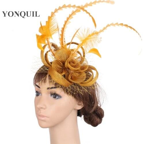 Vintage Gold Sinamay Base Fascinator Headwear Occasion Red Bridal Veils Hair Accessories Feather Millinery Cocktail Hat MYQ010