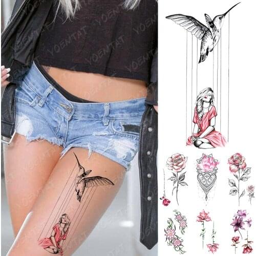 Waterproof Temporary Tattoo Sticker Girl Bird Moon Flowers Flash Tattoos Flowers Rose Lotus Body Art Arm Fake Sleeve Tatoo Women