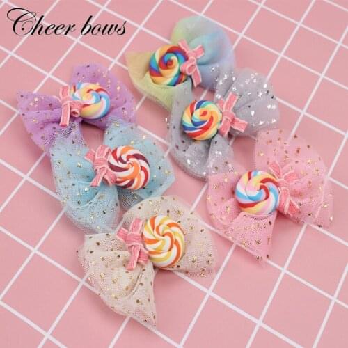 2 Pcs/lots Sequin Star Lace Hair Bows For Girls Kids Rainbow Lollipop Embellished Hair Clips Barrettes Hairpins Hair Accessories