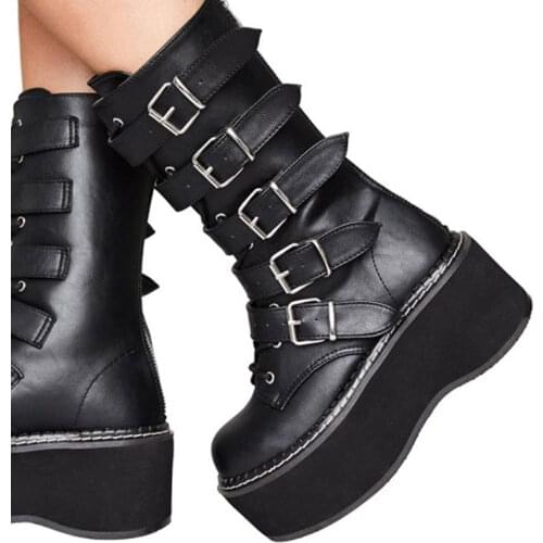Brand Design INS Hot Gothic Style Female Motorcycle Boots Black Flat Heel Platform With Buckle Mid-Calf Women Boots Big Size 43