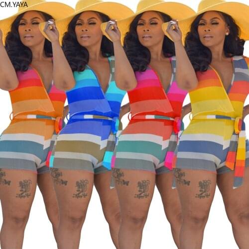 CM.YAYA Women V-neck Bodysuit Jumpsuits Rompers Fitness Sashes Playsuits Striped Print Sexy Night Club Party One Piece Outfits