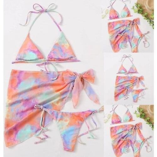 Womens Sexy 3 Piece Gradient Rainbow Print Bikini Set Halter String Brazilian Swimsuit with Sarong Cover Up Beach Skirt Tie Side