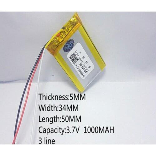 5pcs 3 line 3.7V,1000mAH,[503450] PLIB; polymer lithium ion / Li-ion battery for GPS,mp3,mp4,mp5,dvd,bluetooth,model toy