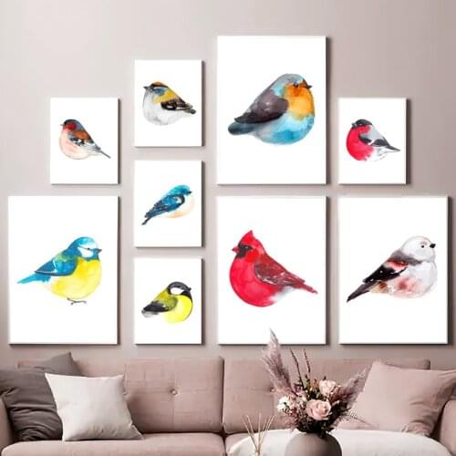 Watercolor Cartoon Bird Wall Art Abstract Cute Animals Canvas Painting Nordic Posters and Prints Pictures for Living Room Decor