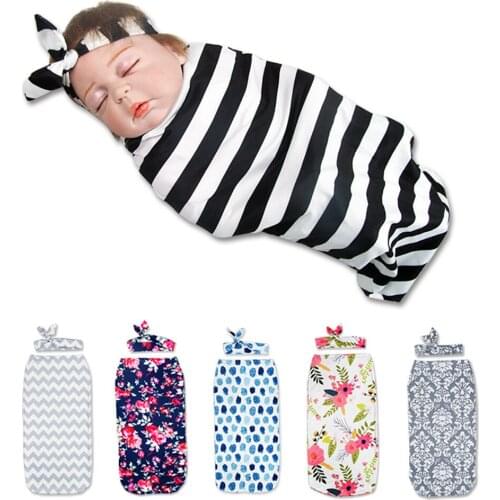 Newborn Photography Prop Baby Blankets Printed Newborn Infant Baby Boys Girls Sleeping Swaddle Muslin Wrap +Headband 2PCS