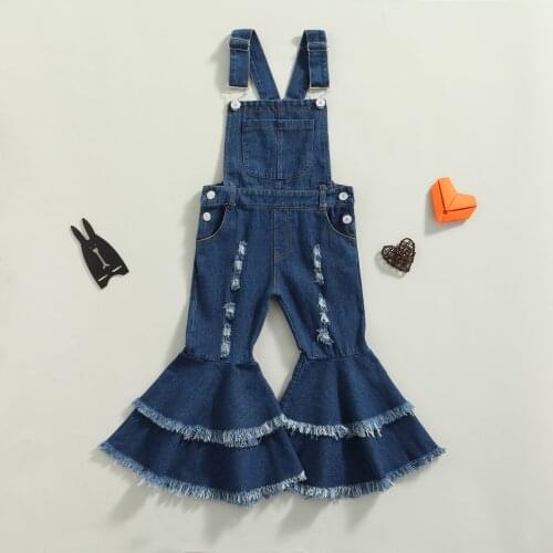FOCUSNORM 2-7Y Lovely Kids Girls Suspender Trousers Pants Blue Solid Color Sleeveless Overalls with Ruffled Hem Flare Pants