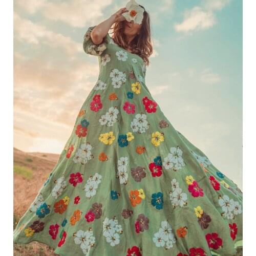 Jastie 2020 Spring Autumn Women Dress Retro Colorful Floral Embroidery Midi Dresses Boho Big Swing Casual Beach Dress Vestidos