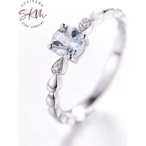 SKM Classic Aquamarine rings for women delicate 14k white gold Engagement rings designer Anniversary Luxury Fine Jewelry