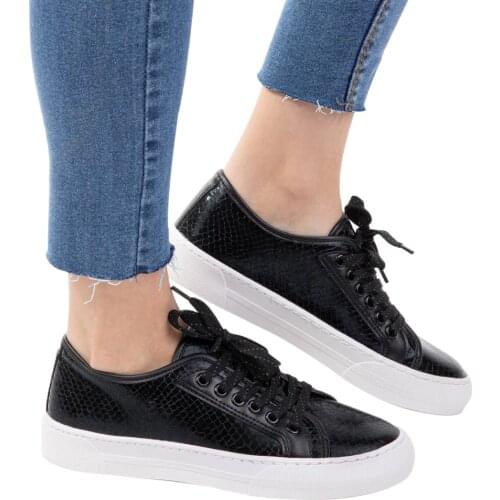 Sneakers Women Fashion Snakeskin Effect Pu Leather Vulcanized Shoes Low Top Lace Up Flat Heel Casual Black White Spring Autumn
