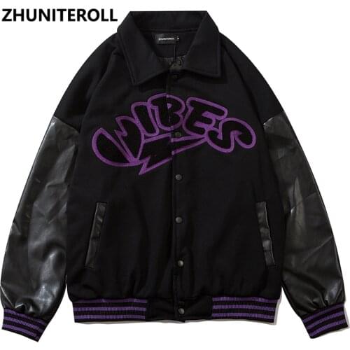 2021 Harajuku Furry Letter Embroidery Bomber PU Leather Jacket Men Patchwork High Street Baseball Coats Streetwear Tops Clothing