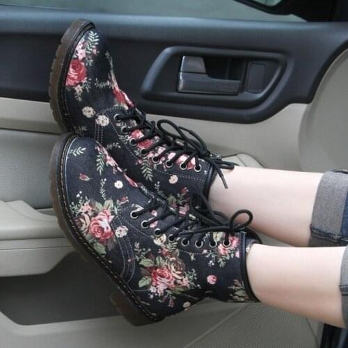 Maogu Western Cowboy Style Fashion Womens Boots Floral Printed Martin Soft Sole Ankle Boots Lace Up Platform Womens Shoes