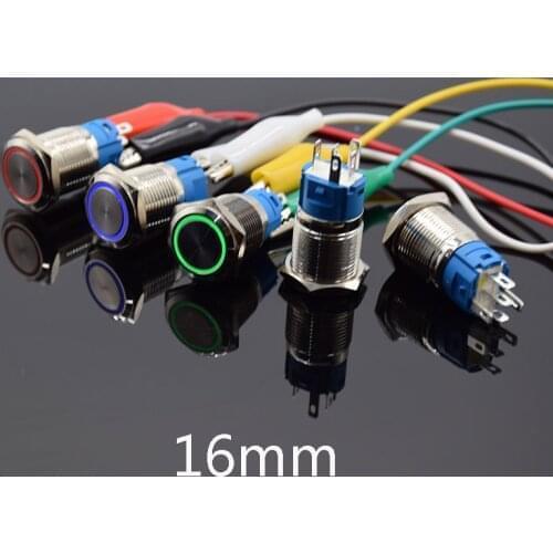 16mm Metal Push Button Switch LED Light 3-6V 12V 24V 110V 220V Self lock/ Momentary reset Car Start Button Power Button red blue