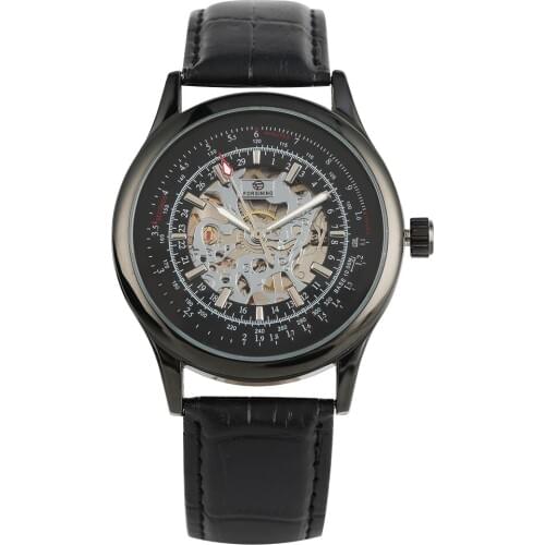 Mens Mechanical Watch Leather Strap Watch Hand-Wind Unique Arabic Numerals Dial Stainless Steel Skeleton Luminous Pointer