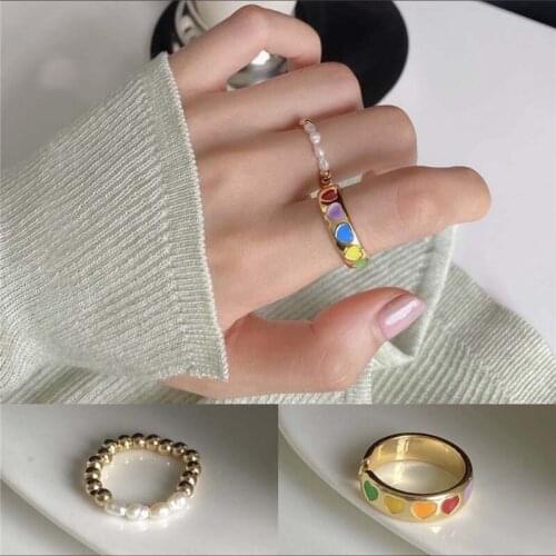 2Pcs Bohemian Rainbow Heart Shaped Open Ring Kit Elastic Pearls Heart Finger Ring Bands Set For Women Fashion Jewelry